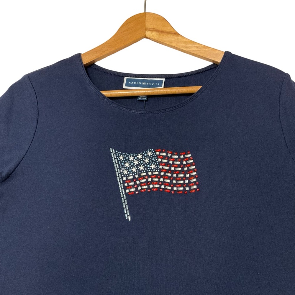 KAREN SCOTT sz Petite Large Patriotic T Shirt Embellished Bead Flag  NWT Navy + - Picture 2 of 6